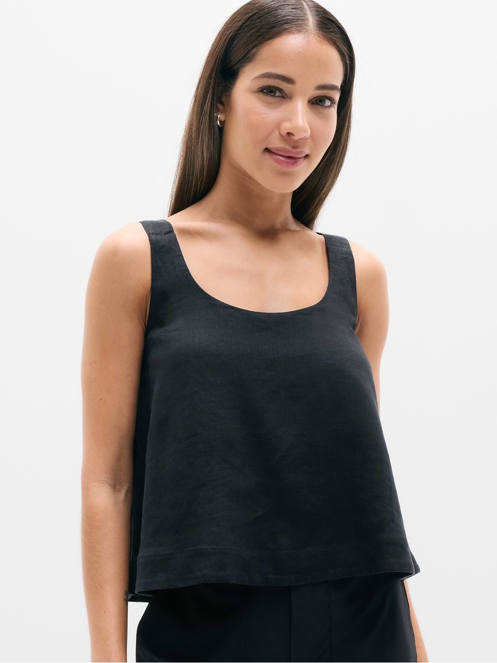 Athleta NWT Retreat Linen Tank black Square Neck Cropped Boxy Casual Black